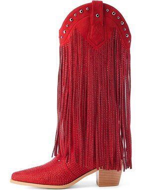 Women's Red Rhinestone Fringe Cowgirl Boots Sparkly Western Pointed Toe Pull On